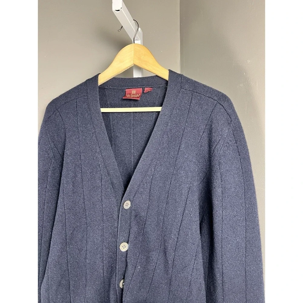 VTG Nordstrom L Lambswool Button Up Cardigan Sweater Navy Grandpacore Damage